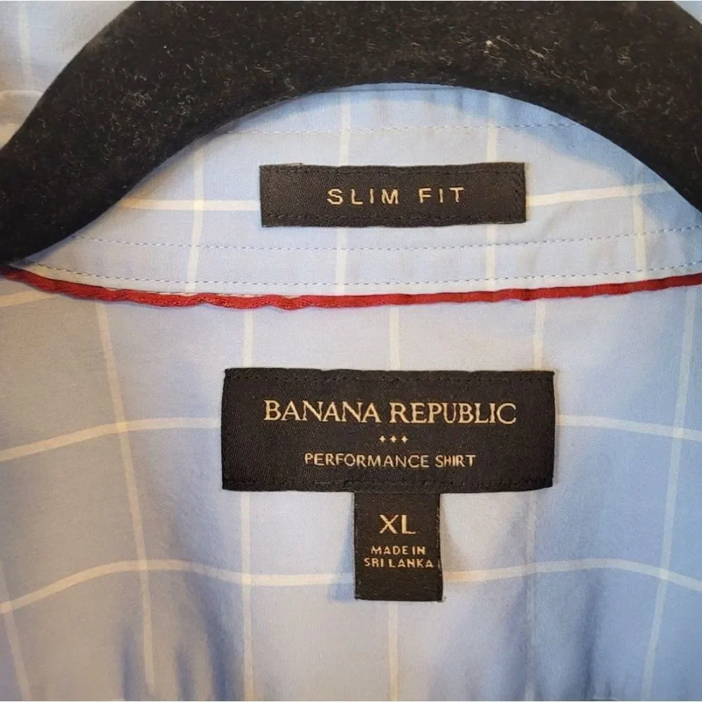 Banana Republic Blue And White Check Slim Fit Performance Shirt Size XL